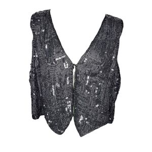 Vintage Black Sequin + Beaded 100% Silk Vest w/ Hook Closures Whimsygoth Size XL